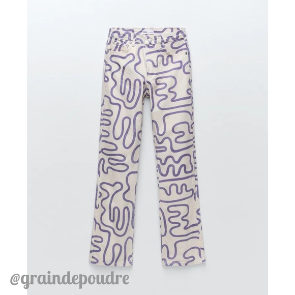Rare Zara Purple Squiggle Graffiti Print Off White Straight Leg Jeans 36 4 42 10 - Picture 2 of 6